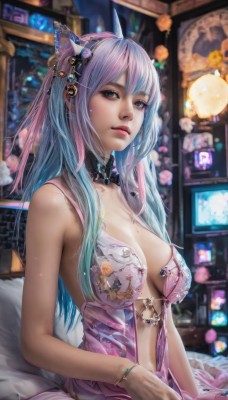 1girl,solo,long hair,breasts,looking at viewer,bangs,large breasts,hair ornament,dress,cleavage,bare shoulders,jewelry,medium breasts,sitting,underwear,blue hair,pink hair,multicolored hair,horns,choker,indoors,mole,blurry,collar,bracelet,two-tone hair,lips,grey eyes,gradient hair,makeup,blurry background,lingerie,breasts apart,mole on breast,realistic,nose,babydoll,blue eyes,bow,closed mouth,upper body,purple hair,hair bow,hairband,artist name,bell,watermark,revealing clothes