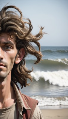 solo,looking at viewer,brown hair,shirt,1boy,brown eyes,jacket,white shirt,upper body,male focus,outdoors,parted lips,sky,day,medium hair,water,blurry,lips,floating hair,depth of field,blurry background,facial hair,ocean,beach,wind,portrait,realistic,sand,stubble,dirty,closed mouth,open clothes,messy hair,brown jacket,wide-eyed,manly