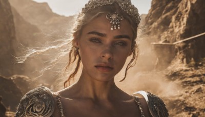 1girl,solo,looking at viewer,brown hair,hair ornament,brown eyes,jewelry,closed mouth,collarbone,earrings,outdoors,dark skin,armor,blurry,dark-skinned female,lips,eyelashes,blurry background,tiara,wind,shoulder armor,portrait,freckles,pauldrons,realistic,necklace,thick eyebrows,backlighting,mountain,sepia,gold