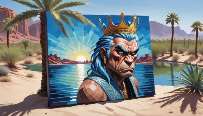 solo,long hair,looking at viewer,1boy,jewelry,closed mouth,blue hair,male focus,earrings,outdoors,day,dark skin,water,necklace,black eyes,tree,tattoo,shadow,facial hair,ocean,frown,scar,beach,dark-skinned male,crown,portrait,beard,sand,palm tree,scar across eye,sun,blue eyes,sky,blue sky,grass,serious,facial tattoo