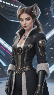 1girl,solo,long hair,breasts,looking at viewer,brown hair,gloves,animal ears,cleavage,brown eyes,jewelry,medium breasts,standing,cowboy shot,earrings,belt,cat ears,necklace,lips,coat,fur trim,makeup,night,lipstick,gauntlets,pendant,science fiction,realistic,red lips,leather,animal ear fluff,wolf ears,extra ears,black coat