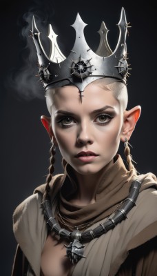 1girl,solo,looking at viewer,simple background,1boy,brown eyes,jewelry,closed mouth,upper body,braid,white hair,male focus,earrings,pointy ears,necklace,twin braids,lips,crown,black background,portrait,smoke,robe,realistic,breasts,blonde hair,makeup,cross,elf,nose