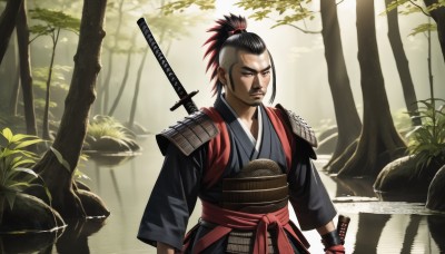 solo,black hair,1boy,ponytail,weapon,male focus,outdoors,japanese clothes,sword,kimono,water,armor,tree,sash,facial hair,katana,plant,shoulder armor,sheath,nature,forest,sheathed,japanese armor,topknot,weapon on back,sode,mohawk,samurai,scar,realistic