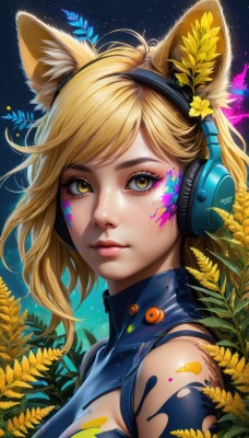 1girl,solo,breasts,looking at viewer,short hair,bangs,blonde hair,hair ornament,animal ears,bare shoulders,medium breasts,closed mouth,yellow eyes,upper body,flower,sky,sleeveless,shiny,artist name,signature,hair flower,lips,animal ear fluff,fox ears,clothing cutout,eyelashes,tattoo,makeup,swept bangs,turtleneck,headphones,facial mark,bug,lipstick,butterfly,portrait,star (sky),eyeshadow,starry sky,pink lips,yellow flower,nose,sunflower,eyeliner,facepaint,field,flower field,mascara,paint splatter,paint,long hair,brown eyes,fake animal ears,animal ear headphones