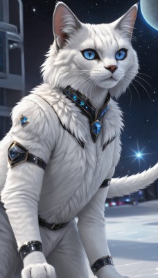 solo,looking at viewer,blue eyes,shirt,long sleeves,jewelry,closed mouth,standing,jacket,tail,white shirt,cowboy shot,outdoors,sky,belt,pants,artist name,signature,star (symbol),blurry,collar,no humans,night,blurry background,animal,moon,cat,ring,white jacket,slit pupils,brooch,gem,star (sky),night sky,snow,buckle,full moon,starry sky,colored sclera,black belt,white pants,arm strap,animal focus,white fur,whiskers,blue gemstone,arm belt,red gemstone,white cat,fluffy,blue sclera,1boy,animal ears,white hair,cat ears,bracelet,animal ear fluff,fur trim,pendant,planet