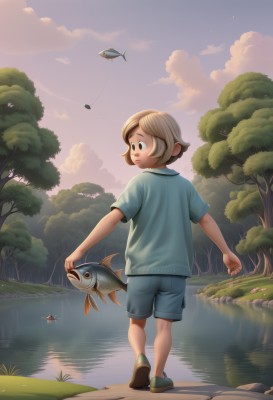 solo,smile,short hair,blonde hair,brown hair,shirt,1boy,standing,full body,short sleeves,male focus,outdoors,sky,shoes,shorts,looking back,artist name,cloud,water,from behind,black eyes,tree,animal,grass,blue shirt,t-shirt,child,nature,forest,fish,walking,blue shorts,male child,river,dragonfly,fishing rod