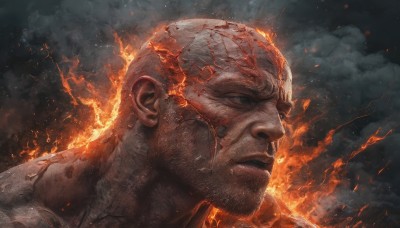 solo,1boy,closed mouth,male focus,sky,cloud,from side,blood,profile,facial hair,fire,portrait,beard,smoke,injury,blood on face,realistic,bald,manly,dirty,embers,burning,sparks,upper body,veins