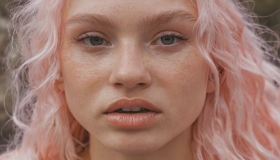 1girl,solo,long hair,looking at viewer,open mouth,green eyes,pink hair,white hair,parted lips,teeth,blurry,lips,grey eyes,eyelashes,blurry background,wavy hair,portrait,close-up,freckles,realistic,nose,brown eyes,black eyes