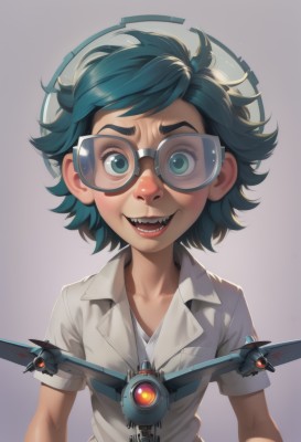 solo,looking at viewer,smile,short hair,open mouth,simple background,shirt,1boy,green eyes,blue hair,collarbone,white shirt,upper body,short sleeves,:d,male focus,green hair,glasses,teeth,collared shirt,goggles,child,freckles,science fiction,aircraft,airplane,1girl,blue eyes,artist name,gradient,gradient background,sharp teeth,messy hair