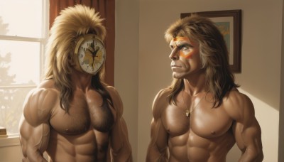 long hair,blonde hair,brown hair,1boy,jewelry,closed mouth,nipples,upper body,male focus,nude,multiple boys,indoors,dark skin,2boys,necklace,looking at another,window,mask,muscular,facial hair,abs,sunlight,dark-skinned male,pectorals,muscular male,bara,beard,large pectorals,veins,topless male,mature male,manly,chest hair,biceps,arm hair,hairy,thick arms,black hair,brown eyes,headband,facepaint