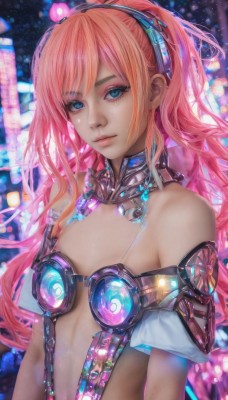 1girl,solo,long hair,breasts,looking at viewer,blue eyes,navel,bare shoulders,upper body,pink hair,hairband,small breasts,detached sleeves,lips,revealing clothes,realistic,bangs,closed mouth,ponytail,blurry,eyelashes,glowing,science fiction,nose