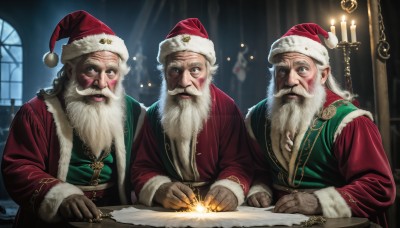 HQ,looking at viewer,smile,blue eyes,gloves,long sleeves,hat,jewelry,closed mouth,white hair,male focus,multiple boys,indoors,fur trim,window,night,facial hair,table,3boys,fire,christmas,red headwear,beard,santa hat,brown gloves,santa costume,realistic,mustache,candle,old,christmas tree,old man,candlestand,fireplace,wrinkled skin,long hair,open mouth,brown hair,sitting,upper body,necklace,grey eyes