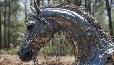 solo,outdoors,day,cape,armor,blurry,from side,tree,no humans,profile,depth of field,blurry background,chain,animal,nature,1other,forest,riding,horse,horseback riding,reins,signature,water,realistic,animal focus