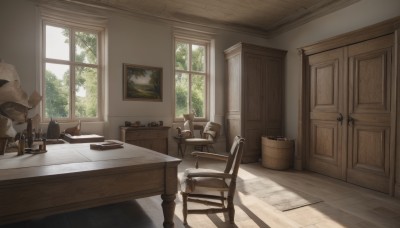 day,indoors,tree,book,no humans,window,shadow,chair,table,sunlight,bottle,plant,curtains,box,scenery,desk,wooden floor,door,basket,lamp,shade,shelf,wooden chair,plate,bucket,candle,wall,paintbrush,picture frame,painting (object),candlestand,cabinet