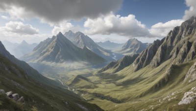 outdoors,sky,day,cloud,blue sky,no humans,cloudy sky,grass,nature,scenery,rock,mountain,field,landscape,mountainous horizon,flower