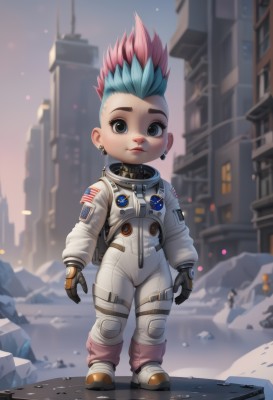 1girl,solo,looking at viewer,smile,short hair,blue eyes,gloves,jewelry,closed mouth,blue hair,standing,full body,pink hair,multicolored hair,earrings,outdoors,black gloves,artist name,chibi,blurry,black eyes,two-tone hair,lips,grey eyes,bodysuit,depth of field,blurry background,piercing,spiked hair,building,ear piercing,freckles,american flag,spacesuit,mohawk,japanese flag,space helmet,astronaut,aged down,flag