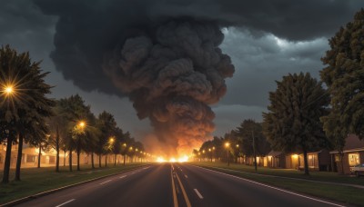 outdoors,sky,cloud,tree,no humans,night,moon,cloudy sky,grass,fire,ground vehicle,building,night sky,scenery,full moon,smoke,sunset,fence,sun,road,bush,explosion,power lines,lamppost,street,crosswalk