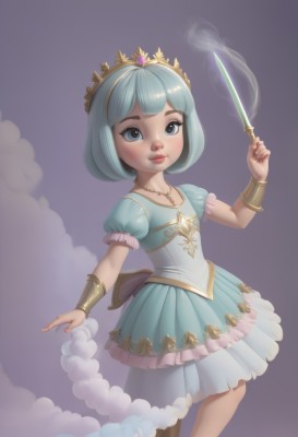 1girl,solo,looking at viewer,smile,short hair,bangs,blue eyes,simple background,dress,holding,jewelry,closed mouth,blue hair,standing,weapon,short sleeves,frills,puffy sleeves,artist name,hand up,blunt bangs,necklace,holding weapon,flat chest,bracelet,puffy short sleeves,lips,blue dress,frilled dress,tiara,crown,knife,child,smoke,purple background,female child,bracer,blush,sky,cloud,nail polish,realistic,wand