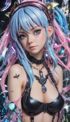 1girl,solo,long hair,breasts,looking at viewer,bangs,blue eyes,hair ornament,cleavage,bare shoulders,jewelry,medium breasts,closed mouth,blue hair,upper body,pink hair,multicolored hair,hairband,earrings,choker,necklace,two-tone hair,lips,tattoo,gradient hair,suspenders,gem,pendant,realistic,nose,twintails,sidelocks,bra,head tilt,eyelashes,chain,expressionless,cross,science fiction,crystal,shards