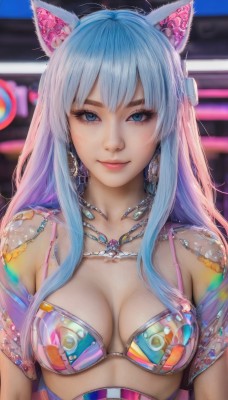 1girl,solo,long hair,breasts,looking at viewer,smile,bangs,blue eyes,animal ears,cleavage,jewelry,medium breasts,closed mouth,underwear,blue hair,collarbone,swimsuit,upper body,pink hair,bikini,multicolored hair,earrings,cat ears,necklace,bra,blurry,two-tone hair,lips,see-through,eyelashes,gradient hair,makeup,blurry background,fake animal ears,pink lips,realistic,nose,straight-on,animal ear headphones,bare shoulders,artist name,light smile,bikini top only,eyeshadow,mascara