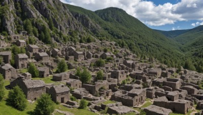 outdoors,sky,day,cloud,tree,blue sky,no humans,cloudy sky,grass,building,nature,scenery,forest,mountain,ruins,landscape,hill,cliff,signature