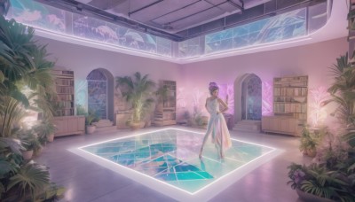 1girl,solo,long hair,breasts,looking at viewer,short hair,bangs,black hair,dress,bare shoulders,jewelry,standing,purple hair,indoors,dark skin,water,white dress,high heels,dark-skinned female,see-through,hand on hip,book,window,plant,scenery,bookshelf,tiles,pool,potted plant,tile floor,wide shot,reflective floor,smile,closed mouth,hair bun,blue dress,single hair bun,reflection