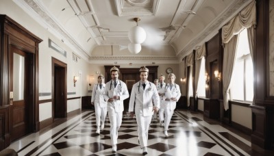 long hair,looking at viewer,smile,short hair,brown hair,shirt,black hair,long sleeves,bow,standing,jacket,white shirt,male focus,multiple boys,necktie,glasses,collared shirt,pants,indoors,bowtie,vest,window,formal,white jacket,suit,curtains,black necktie,walking,6+boys,black bowtie,stairs,white pants,door,checkered floor,hallway,white suit,chandelier,hat,3boys,scenery,4boys,hand in pocket,realistic,lamp,5boys