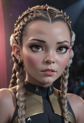 1girl,solo,long hair,looking at viewer,blush,brown hair,bare shoulders,brown eyes,jewelry,yellow eyes,upper body,braid,multicolored hair,earrings,parted lips,teeth,sleeveless,artist name,blurry,twin braids,lips,eyelashes,makeup,blurry background,tiara,portrait,forehead,freckles,realistic,nose,red lips,multiple braids,hair ornament,grey hair