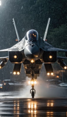 1boy,standing,weapon,outdoors,sky,cloud,signature,water,tree,gun,military,night,robot,ground vehicle,mecha,motor vehicle,1other,reflection,flying,science fiction,rain,realistic,aircraft,silhouette,military vehicle,airplane,vehicle focus,jet,fighter jet,helicopter,helmet,battle,spacecraft,lights,missile