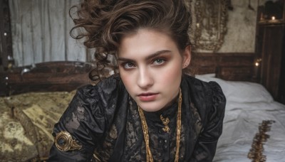 1girl,solo,looking at viewer,short hair,brown hair,shirt,brown eyes,jewelry,jacket,upper body,earrings,parted lips,indoors,necklace,blurry,lips,black jacket,pillow,grey eyes,black shirt,bed,makeup,on bed,formal,suit,lipstick,curly hair,realistic,nose,red lips,long hair,black hair,dress,black dress,chinese clothes,gold trim,gold