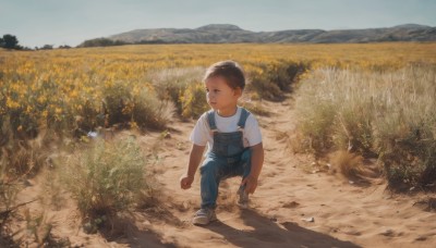 solo,short hair,brown hair,shirt,black hair,1boy,white shirt,flower,short sleeves,male focus,outdoors,sky,shoes,day,dark skin,shadow,grass,t-shirt,sneakers,child,scenery,realistic,yellow flower,overalls,male child,field,wide shot,blue overalls,open mouth,blue eyes,standing,full body,pants,blue sky,looking to the side,denim,walking