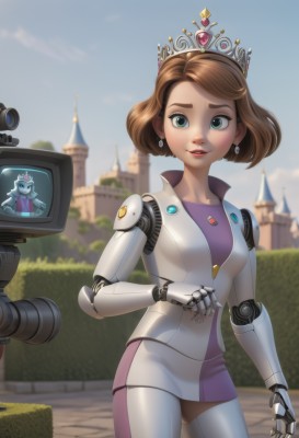 1girl,solo,breasts,looking at viewer,short hair,brown hair,dress,jewelry,green eyes,standing,cowboy shot,earrings,small breasts,outdoors,parted lips,sky,day,artist name,blurry,lips,blurry background,tiara,crown,robot,building,camera,android,joints,mechanical arms,cyborg,castle,single mechanical arm,prosthesis,robot joints,blue eyes,grass