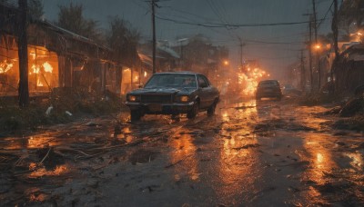 outdoors,sky,cloud,water,tree,no humans,night,fire,ground vehicle,building,scenery,motor vehicle,smoke,reflection,rain,city,car,road,ruins,vehicle focus,power lines,lamppost,street,utility pole,puddle,truck,broken window,signature,wet,house,burning