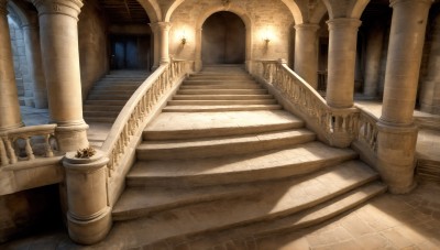 HQ,indoors,no humans,window,sunlight,scenery,stairs,railing,light,architecture,pillar,statue,church,arch,column,outdoors,fire,door,candle,hallway,torch,stone floor,stone stairs