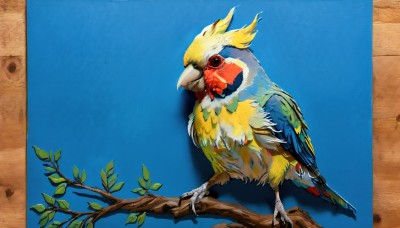 HQ,solo,red eyes,closed mouth,standing,full body,tree,pokemon (creature),no humans,shadow,bird,animal,leaf,blue background,realistic,branch,animal focus,talons,beak,parrot,traditional media,plant,painting (medium)