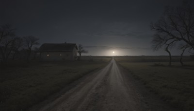 outdoors,sky,cloud,tree,no humans,night,cloudy sky,grass,building,nature,scenery,snow,mountain,road,house,lamppost,bare tree,landscape,mountainous horizon,fog,hill,horizon,dark,field,path