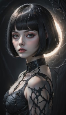 1girl,solo,breasts,looking at viewer,short hair,bangs,black hair,dress,cleavage,bare shoulders,brown eyes,medium breasts,green eyes,upper body,parted lips,choker,shiny,artist name,blunt bangs,black eyes,black dress,from side,lips,looking to the side,clothing cutout,eyelashes,makeup,bob cut,lipstick,eyeshadow,realistic,nose,red lips,eyeliner,mascara,blush,jewelry,closed mouth,small breasts,grey eyes,chain,black background,freckles,dark background