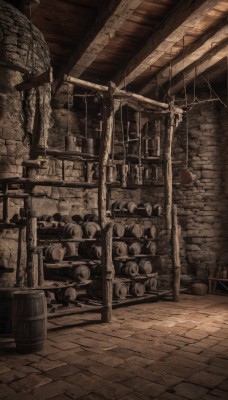 monochrome,indoors,no humans,window,scenery,brick wall,sepia,brown theme,barrel,crate,outdoors,spot color,sign,ruins,road sign,industrial pipe,stone floor