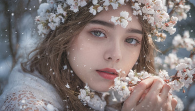 1girl, solo, long hair, looking at viewer, brown hair, brown eyes, flower, parted lips, blurry, lips, eyelashes, portrait, snow, snowing, realistic, nose, branch, winter