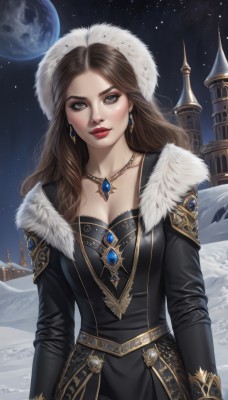 1girl,solo,long hair,breasts,looking at viewer,brown hair,long sleeves,dress,cleavage,brown eyes,jewelry,medium breasts,closed mouth,earrings,outdoors,sky,artist name,necklace,black dress,lips,coat,fur trim,makeup,night,moon,lipstick,gem,star (sky),night sky,snow,full moon,pendant,starry sky,gold trim,snowing,red lips,planet,castle,fur hat,earth (planet),large breasts,standing,collarbone,multicolored hair,two-tone hair,eyeshadow,realistic,space,straight-on