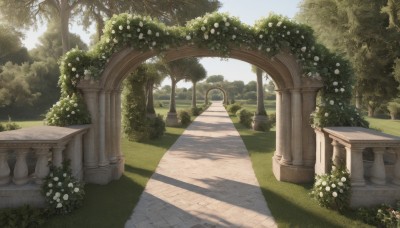 flower,outdoors,sky,day,tree,no humans,shadow,sunlight,grass,plant,white flower,nature,scenery,forest,road,bush,shade,pillar,path,column,cloud,blue sky,stairs,statue,arch,garden