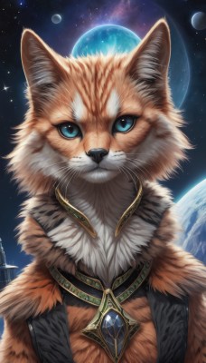 solo,looking at viewer,blue eyes,jewelry,upper body,sky,necklace,no humans,animal,moon,cat,gem,star (sky),night sky,full moon,starry sky,space,animal focus,planet,whiskers,closed mouth,artist name,signature,animal ear fluff,watermark,pendant,fur collar,realistic,white fur,earth (planet)