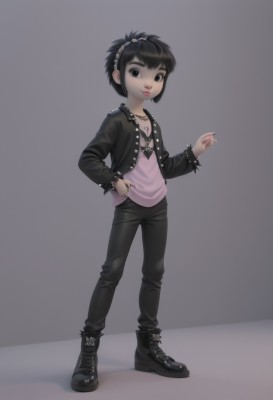 1girl,solo,looking at viewer,smile,short hair,simple background,shirt,black hair,long sleeves,jewelry,standing,jacket,full body,hairband,boots,open clothes,pants,grey background,necklace,black footwear,black eyes,bracelet,open jacket,black jacket,black pants,child,spikes,pink shirt,female child,leather,leather jacket,nail polish,flat chest,lips,makeup,thick eyebrows,black nails,hand in pocket,gothic