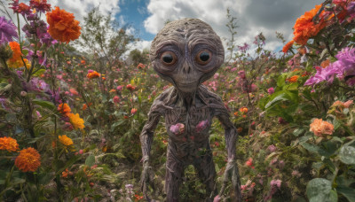 looking at viewer, flower, outdoors, sky, day, cloud, no humans, cloudy sky, plant, scenery, monster, purple flower, field, flower field, alien, horror (theme)