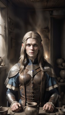 1girl,solo,long hair,looking at viewer,blue eyes,blonde hair,jewelry,upper body,braid,earrings,parted lips,pointy ears,indoors,cape,armor,cup,lips,grey eyes,table,shoulder armor,teacup,pauldrons,serious,breastplate,realistic,nose,fantasy,teapot,artist name,sunlight,elf