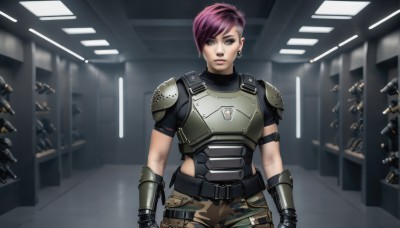 1girl,solo,looking at viewer,short hair,bangs,blue eyes,gloves,jewelry,closed mouth,standing,weapon,pink hair,purple hair,short sleeves,cowboy shot,earrings,solo focus,belt,pants,indoors,armor,blurry,leotard,lips,gun,military,scar,piercing,shoulder armor,gauntlets,ear piercing,rifle,pauldrons,breastplate,very short hair,brown pants,undercut,shoulder pads,soldier,bulletproof vest,camouflage pants,realistic,nose