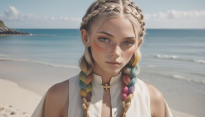 1girl,solo,long hair,looking at viewer,blush,blue eyes,blonde hair,bare shoulders,closed mouth,blue hair,upper body,braid,multicolored hair,outdoors,sky,sleeveless,day,cloud,water,blurry,twin braids,two-tone hair,blue sky,lips,grey eyes,gradient hair,blurry background,ocean,beach,cross,portrait,hair over shoulder,freckles,realistic,nose,sand,multiple braids,dress,white dress,horizon