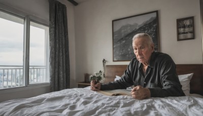 solo,short hair,shirt,long sleeves,1boy,holding,sitting,closed mouth,upper body,white hair,grey hair,male focus,sky,day,collared shirt,indoors,pillow,book,black shirt,window,bed,bed sheet,facial hair,on bed,plant,curtains,beard,realistic,blanket,reading,potted plant,lamp,bedroom,under covers,old,old man,painting (object),writing,wrinkled skin,parody,scenery,photo (object),picture frame,real life insert,map,painting (action)