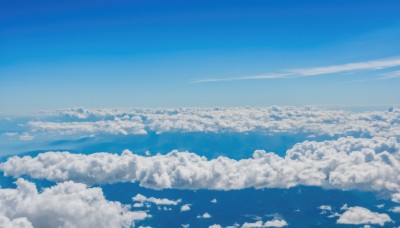 monochrome,outdoors,sky,day,cloud,blue sky,no humans,bird,ocean,cloudy sky,scenery,blue theme,horizon,landscape,above clouds