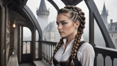 1girl,solo,long hair,brown hair,shirt,brown eyes,jewelry,closed mouth,white shirt,upper body,braid,earrings,outdoors,collared shirt,blurry,twin braids,lips,looking to the side,grey eyes,blurry background,building,hair over shoulder,freckles,realistic,nose,railing,stud earrings,blue eyes,multicolored hair,vest,two-tone hair,window,depth of field,piercing,ear piercing,architecture